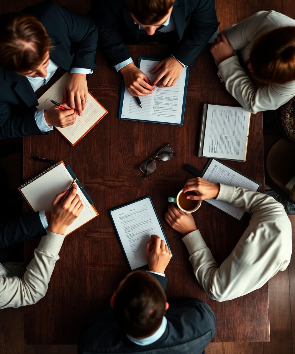 Mastermind group taking notes around a table